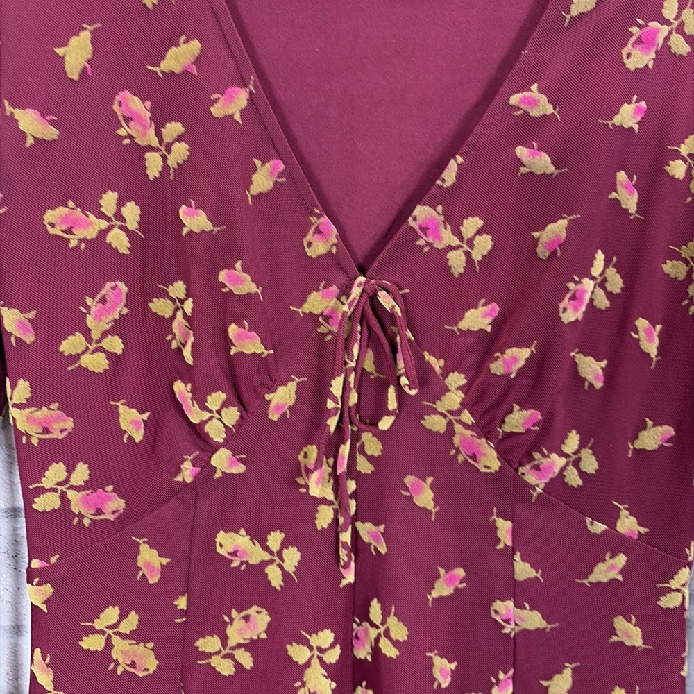 Betsey Johnson Dress Womens S Burgundy Floral Mini Sheer Mesh Flare Sleeve - Picture 4 of 12